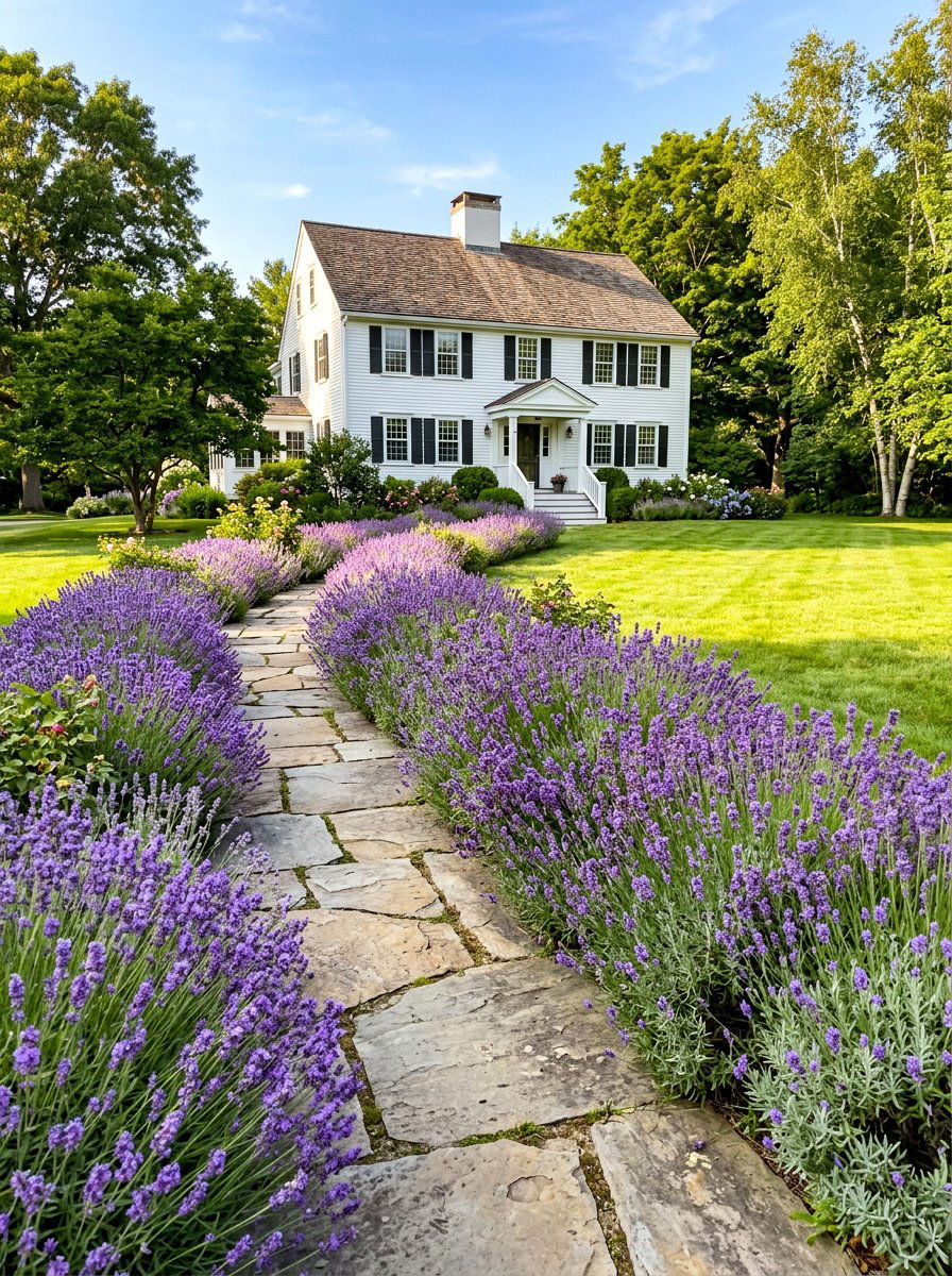 Lavender border - 30 colonial front yard ideas