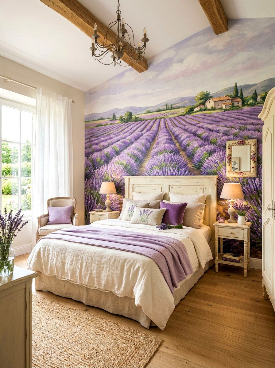 Lavender field wall mural - 30 landscape mural bedroom ideas