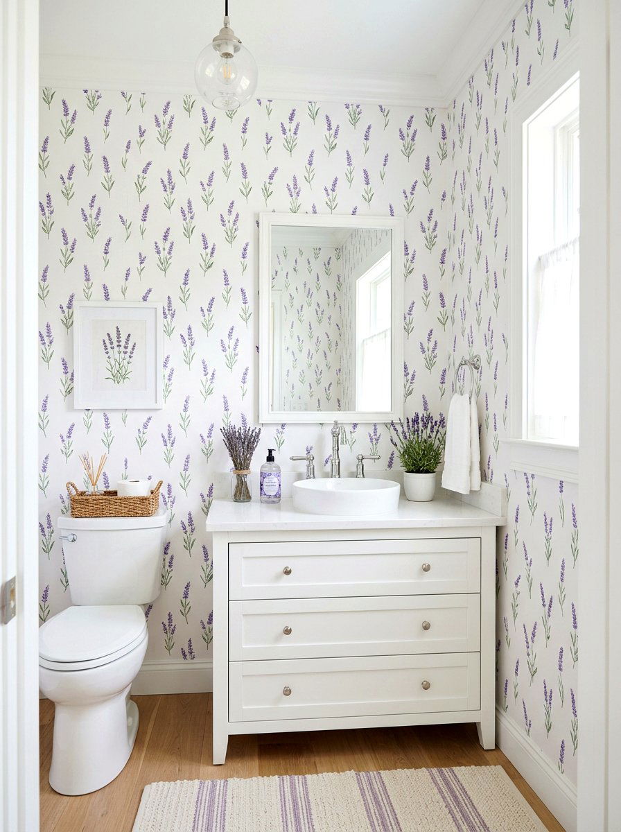 Lavender flower wallpaper - 30 floral wallpaper powder room ideas