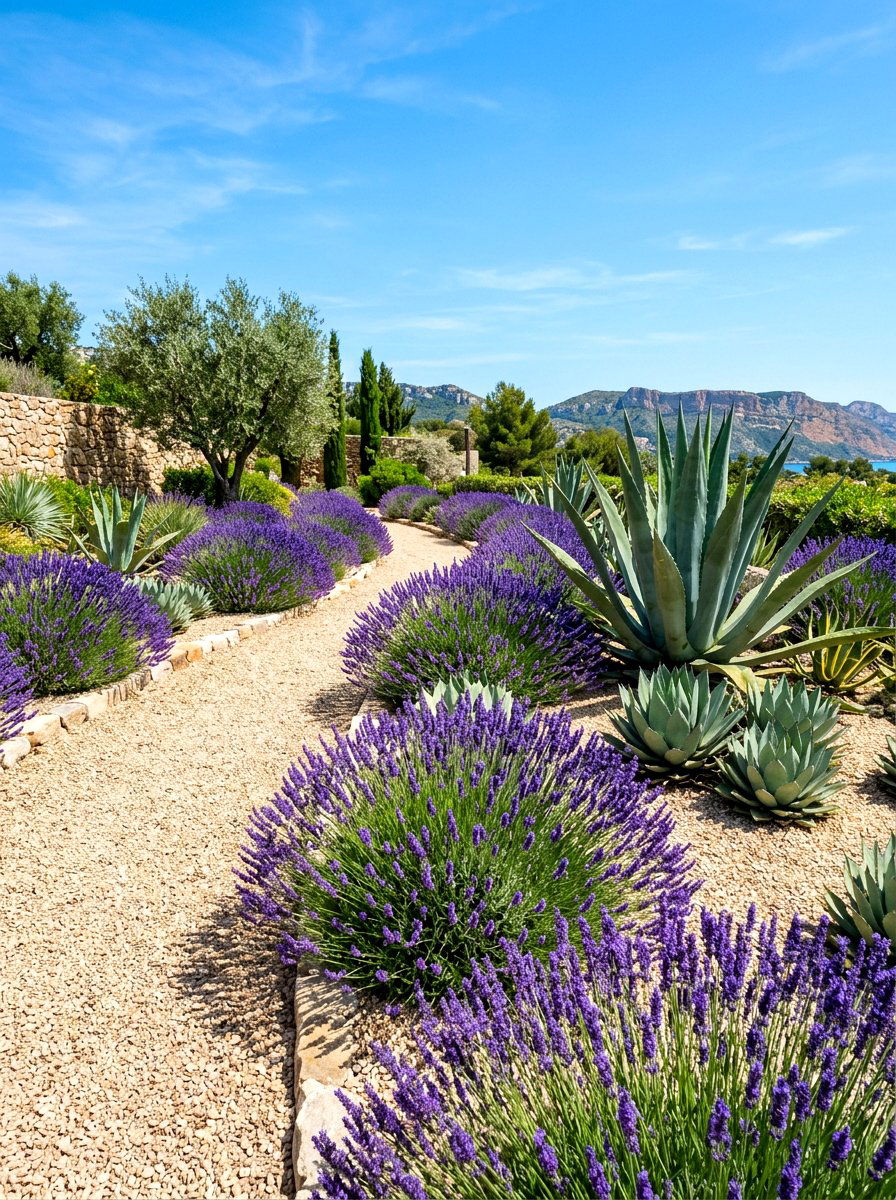 Lavender in gravel Mediterranean garden - 30 lavender garden ideas