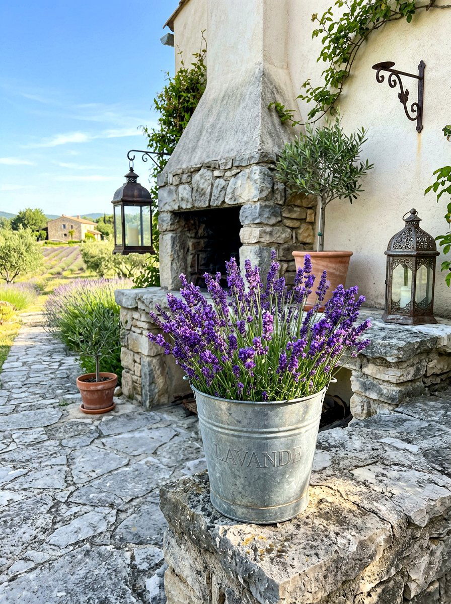 Lavender in metal bucket - 30 market bouquet decor ideas