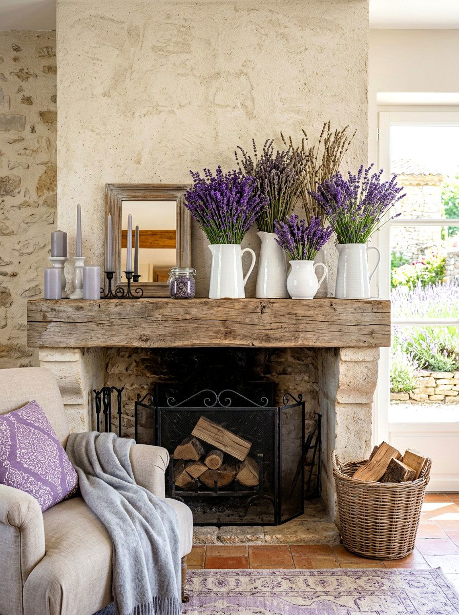 Lavender mantel - 30 summer mantel decor ideas