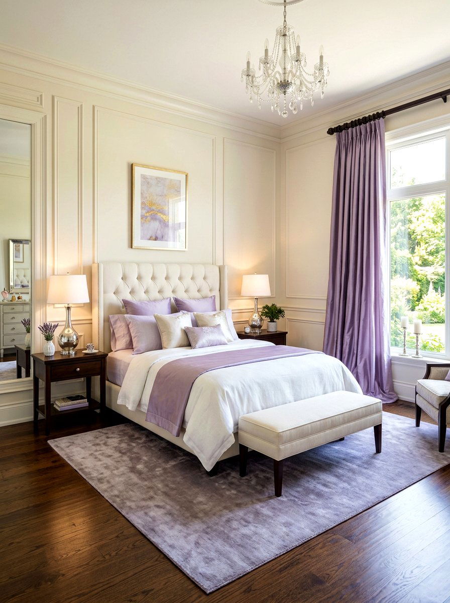 Lavender puddled silk curtains - 30 puddled curtains bedroom ideas
