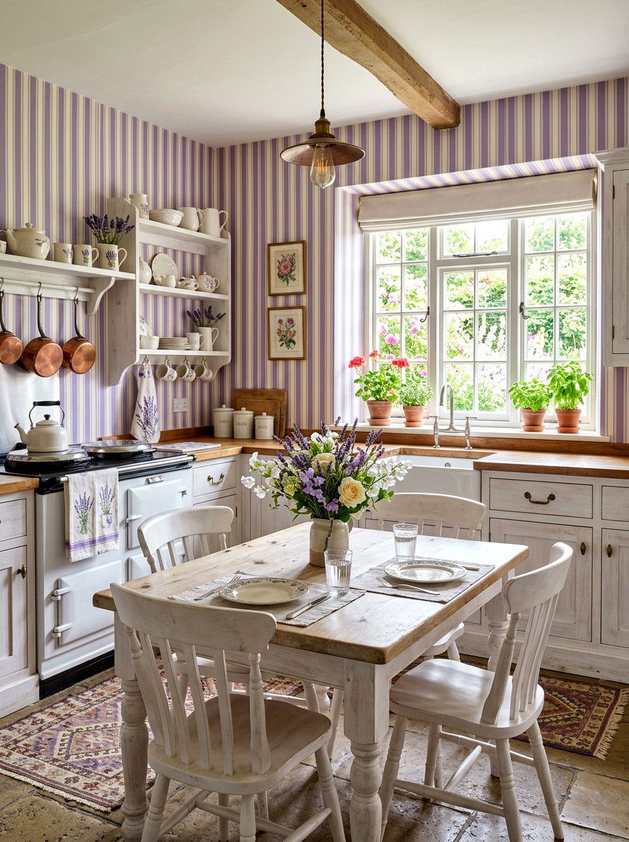 Lavender striped cottage kitchen - 30 striped kitchen wallpaper ideas