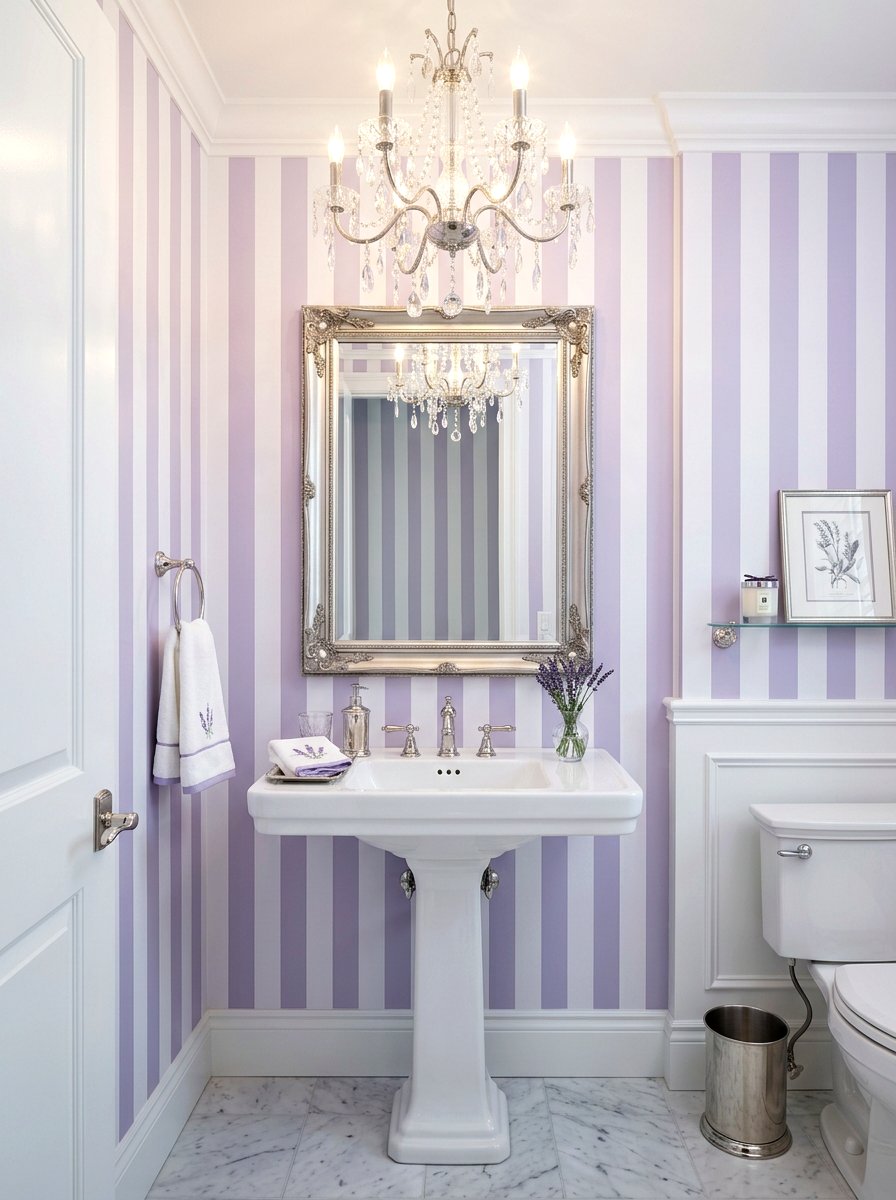 Lavender striped wall design - 30 striped powder room ideas