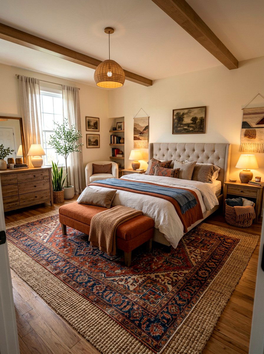 Layered Area Rugs - 30 maximalist bedroom ideas