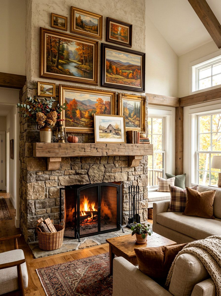 Layered Art For Autumn Fireplace - 30 fall mantel styling ideas