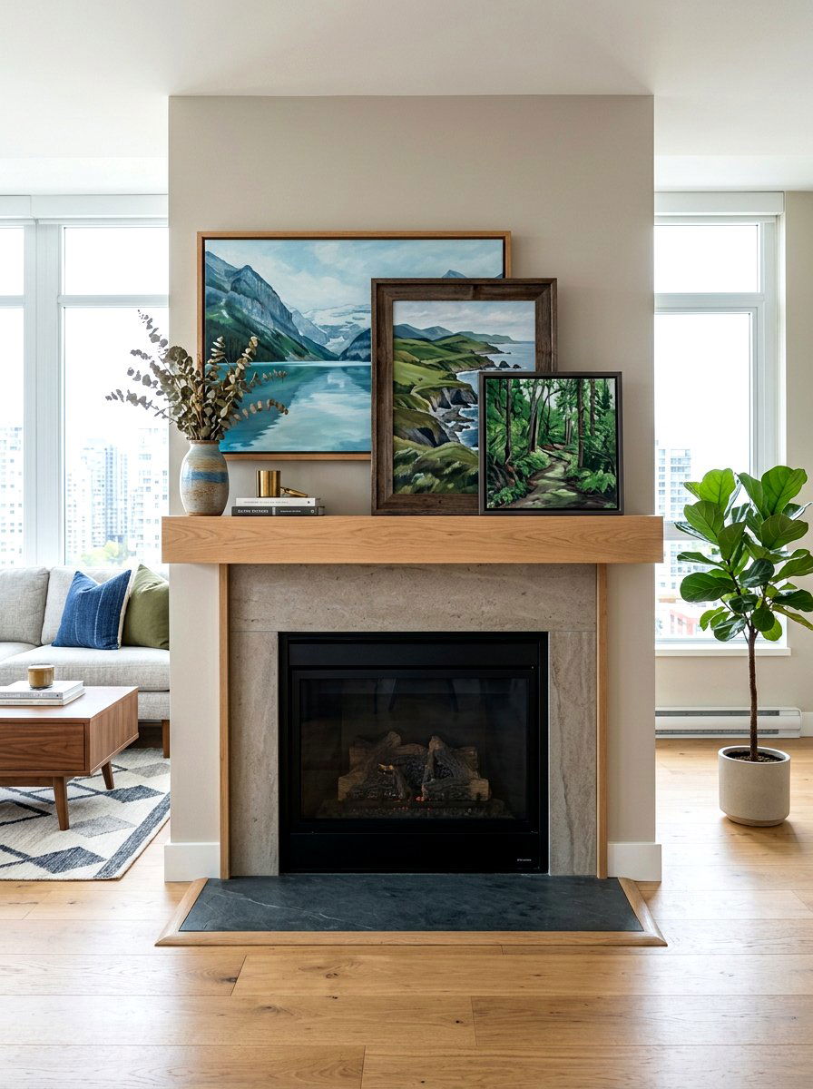 Layered Art Mantel - 30 winter mantel decor ideas