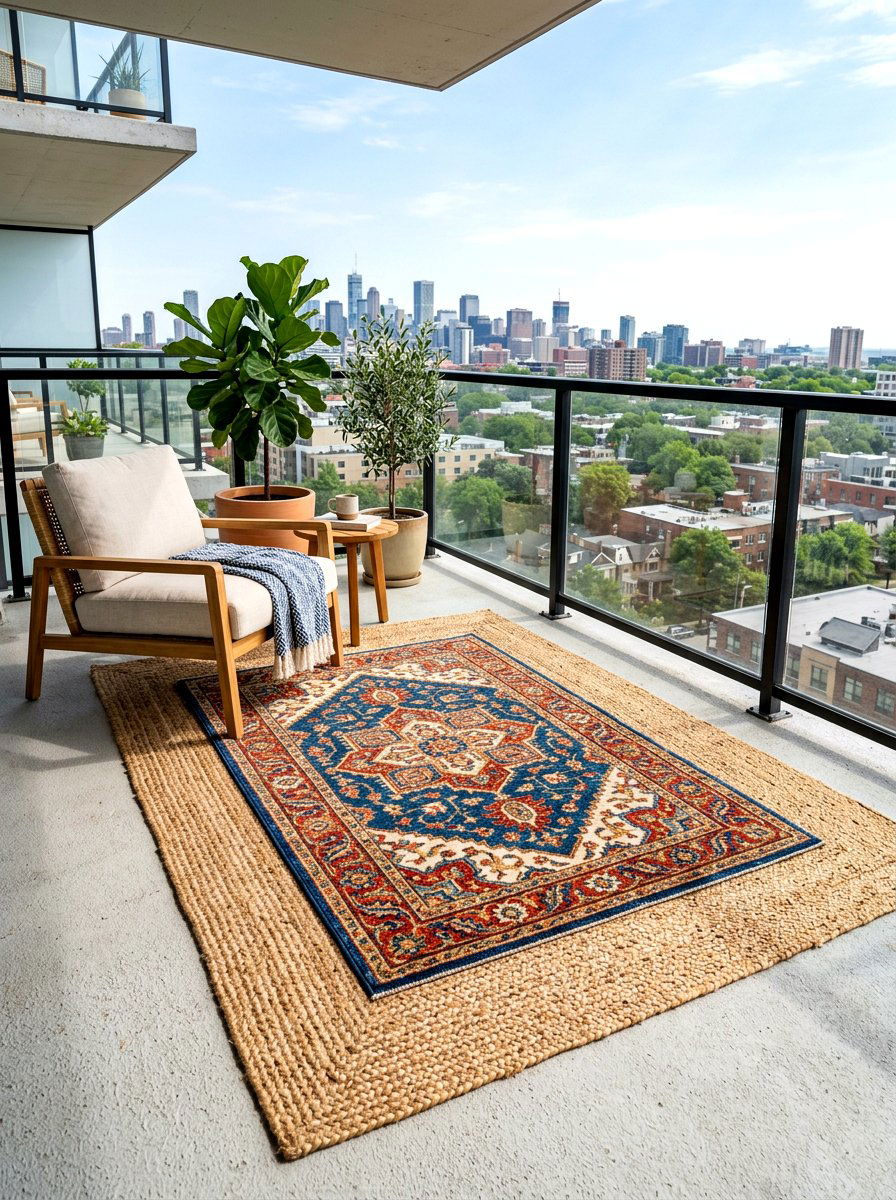 Layered Balcony Rug - 30 balcony rug ideas
