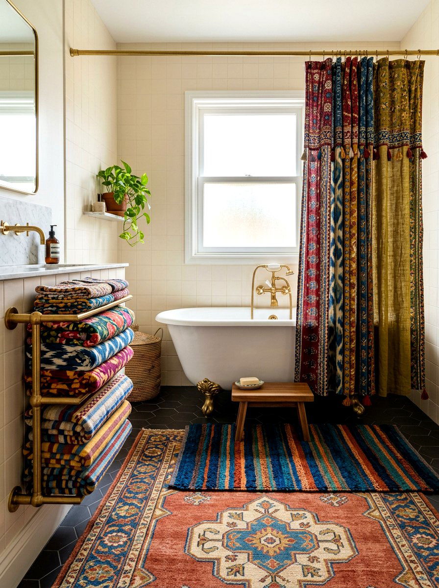 Layered Bathroom Textiles - 30 maximalist bathroom ideas
