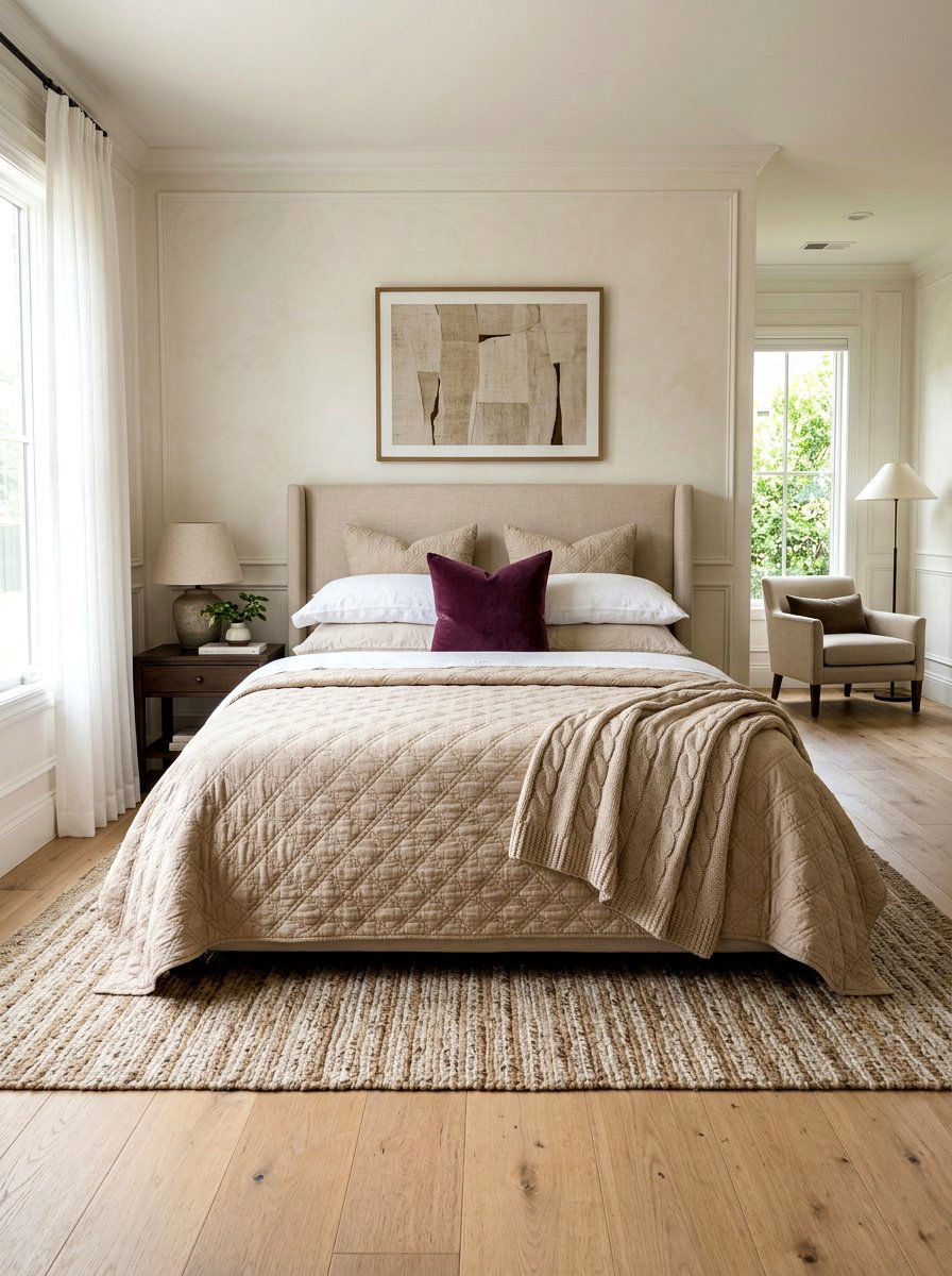 Layered Beige Bedding - 30 plum and beige bedroom ideas