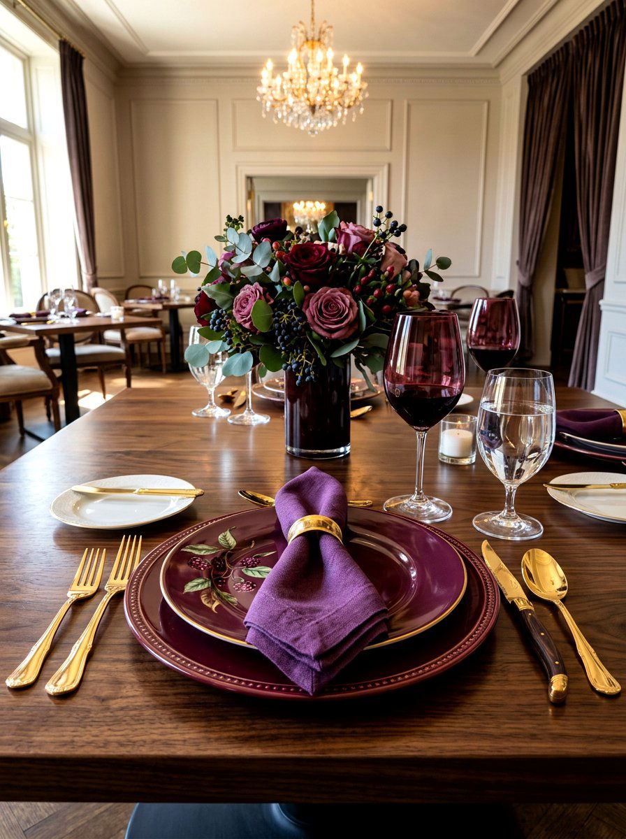Layered Berry Tones Place Setting - 30 moody berry tablescape ideas