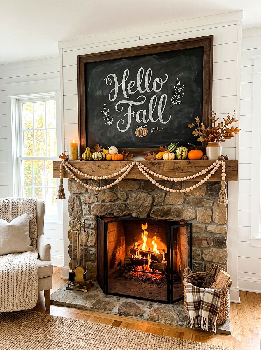 Layered Chalkboard Art - 30 fall mantel layering ideas