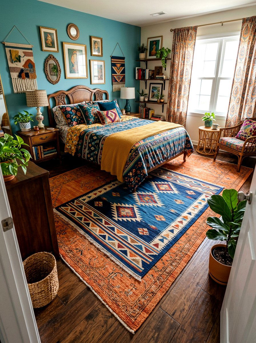 Layered Colorful Rug - 30 dopamine bedroom ideas