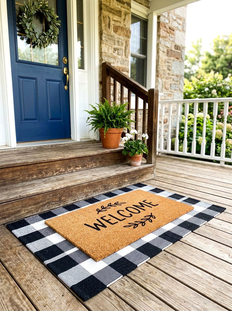 Layered Door Rugs - 30 front steps decor ideas
