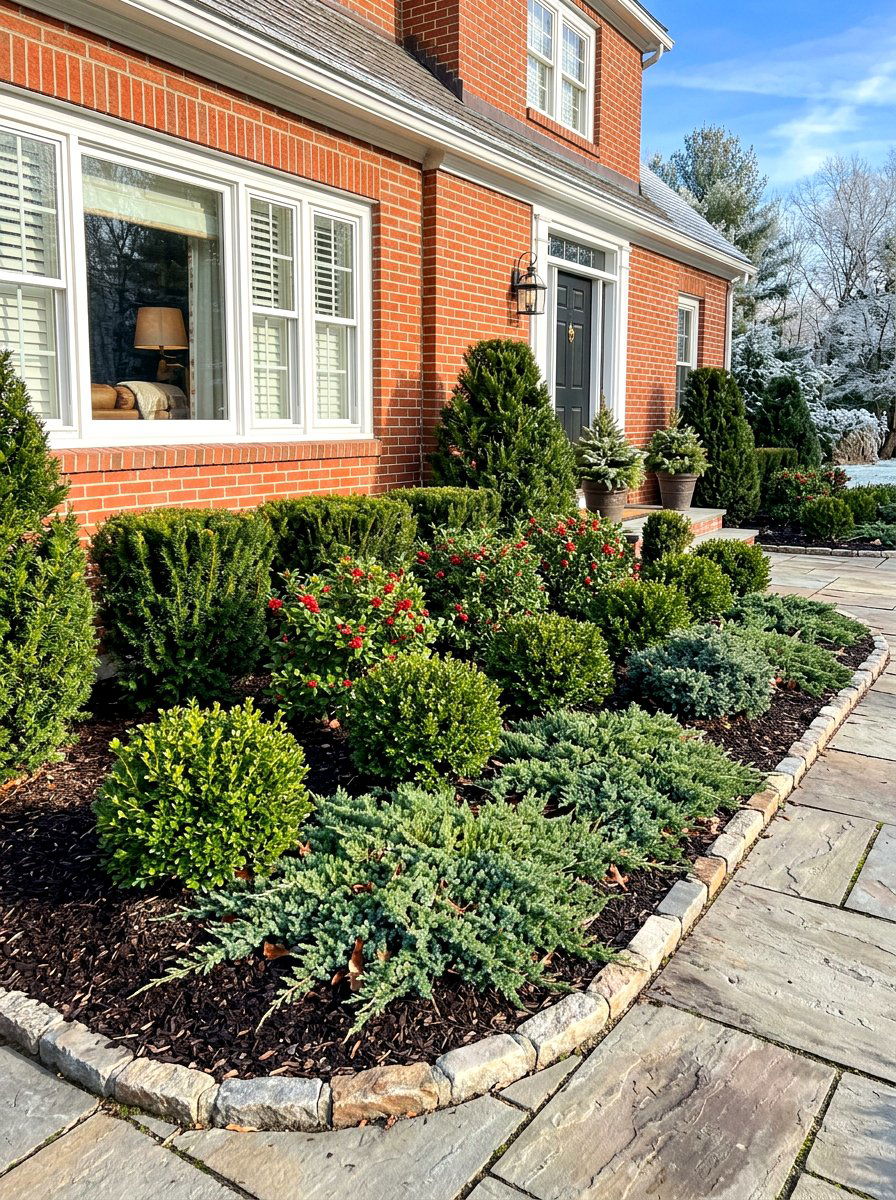 Layered Evergreen Foundation Planting - 30 corner lot landscaping ideas