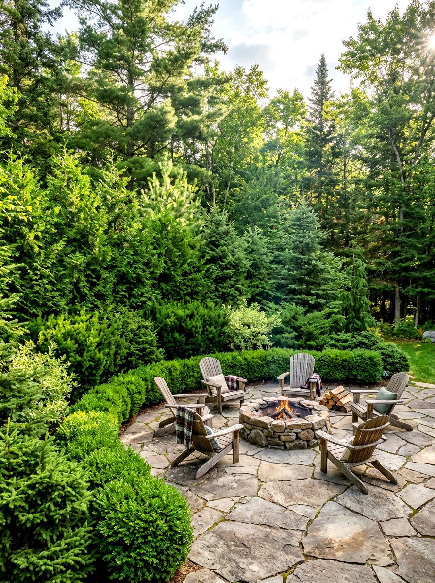 Layered Evergreen Shrubs - 30 hedge wall patio ideas
