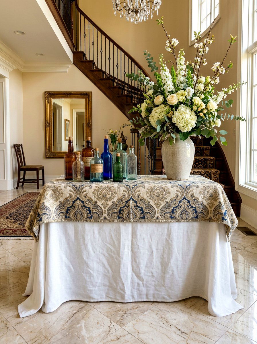 Layered Fabric Foyer Table - 30 skirted foyer table ideas