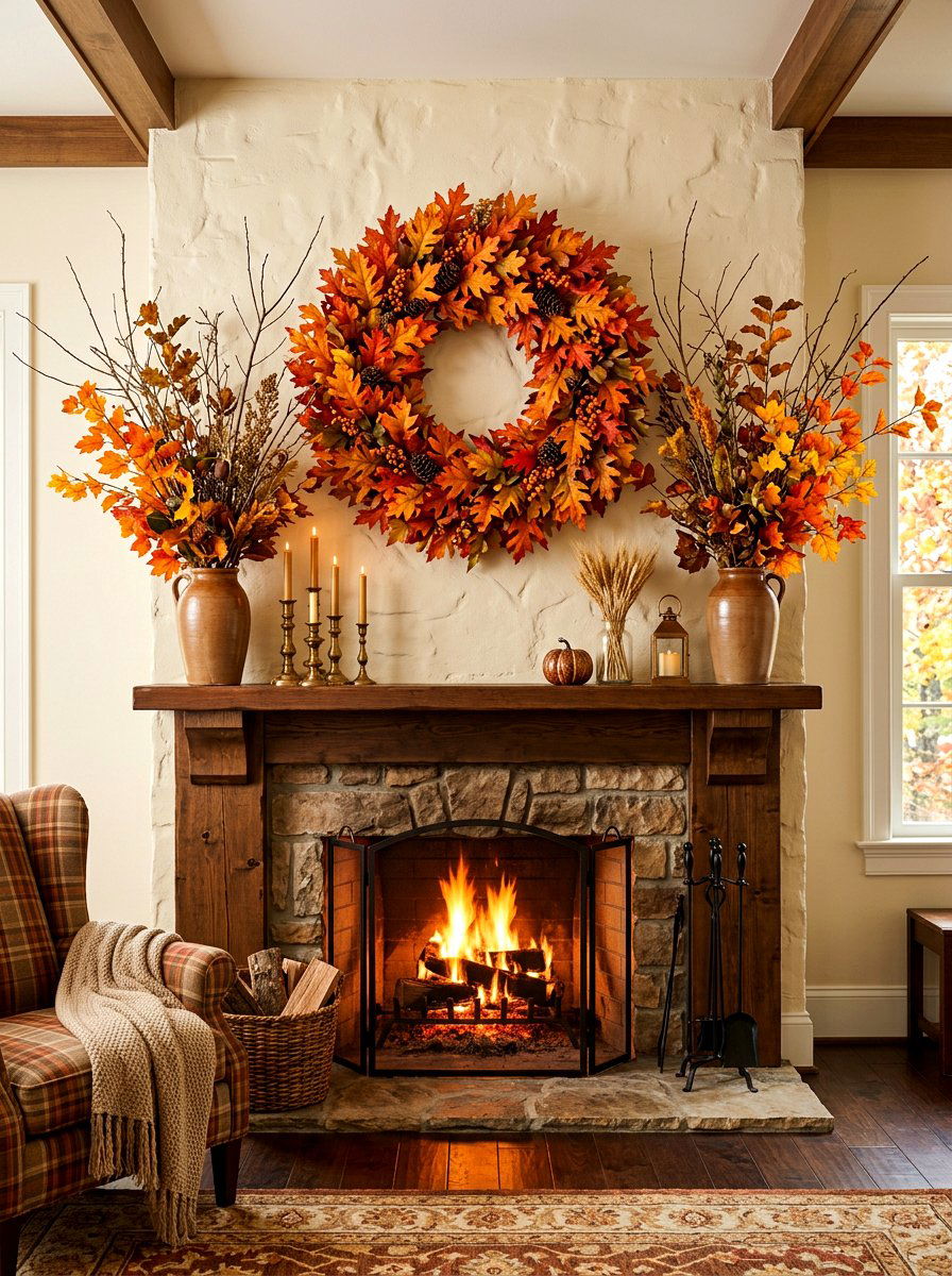 Layered Fall Wreath Display - 30 fall mantel layering ideas
