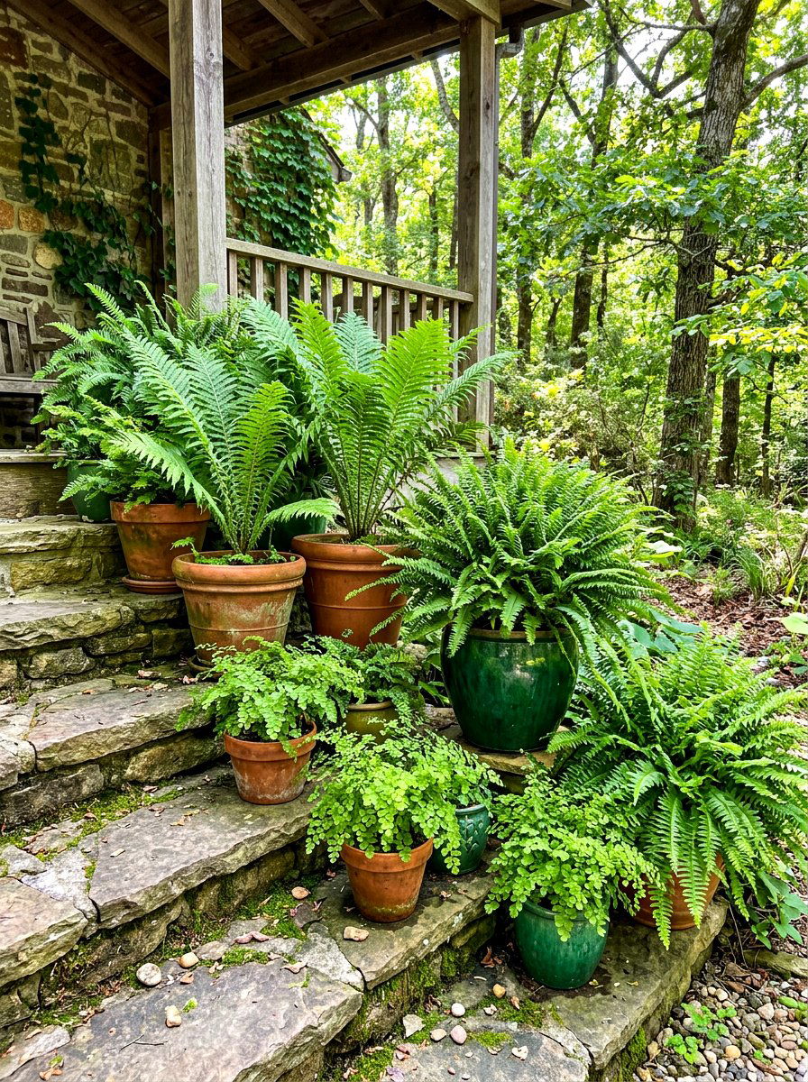 Layered Fern Potted Garden - 30 fern filled front porch ideas