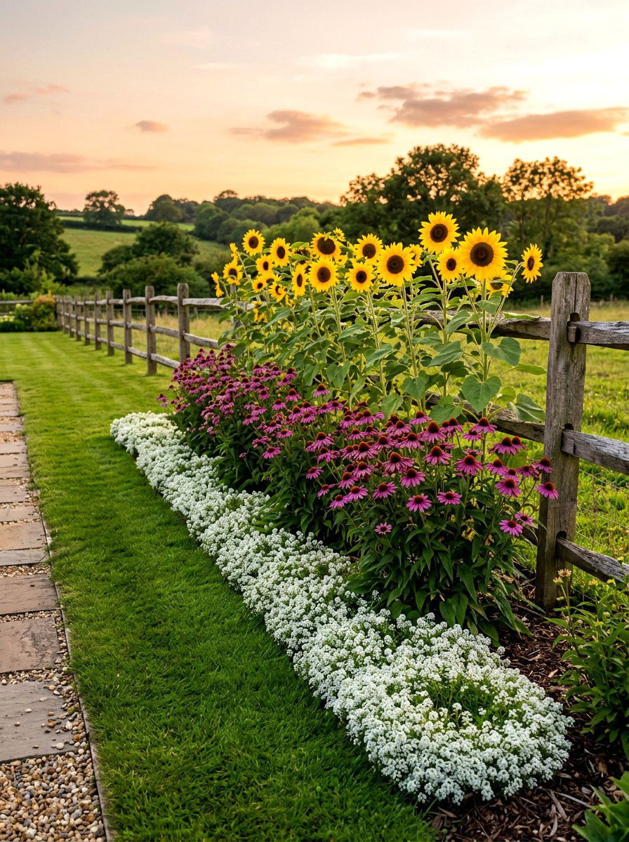Layered Flower Borders - 30 fence line landscaping ideas