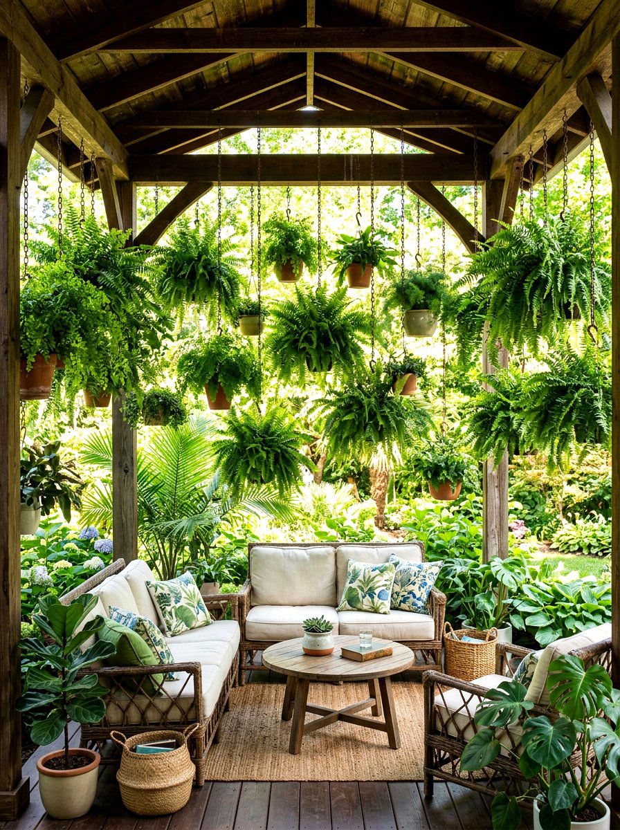 Layered Height Hanging Fern Porch - 30 hanging fern porch ideas