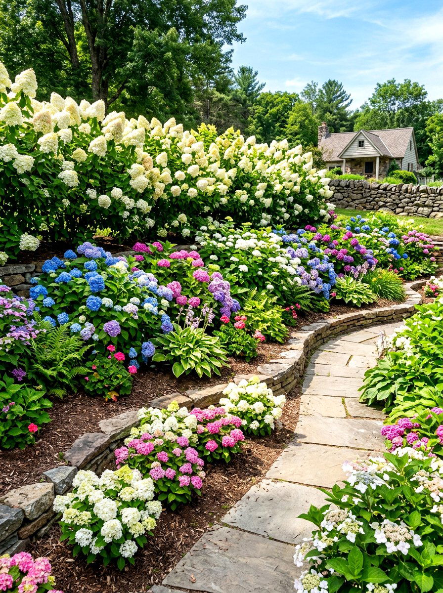 Layered Height Hydrangea Garden - 30 hydrangea border curb appeal ideas