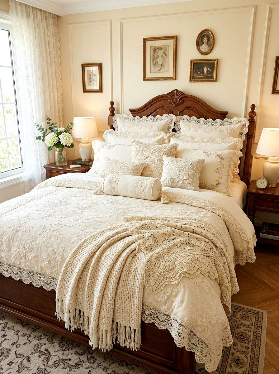 Layered Lace Bedding Set - 30 lace bedroom decor ideas