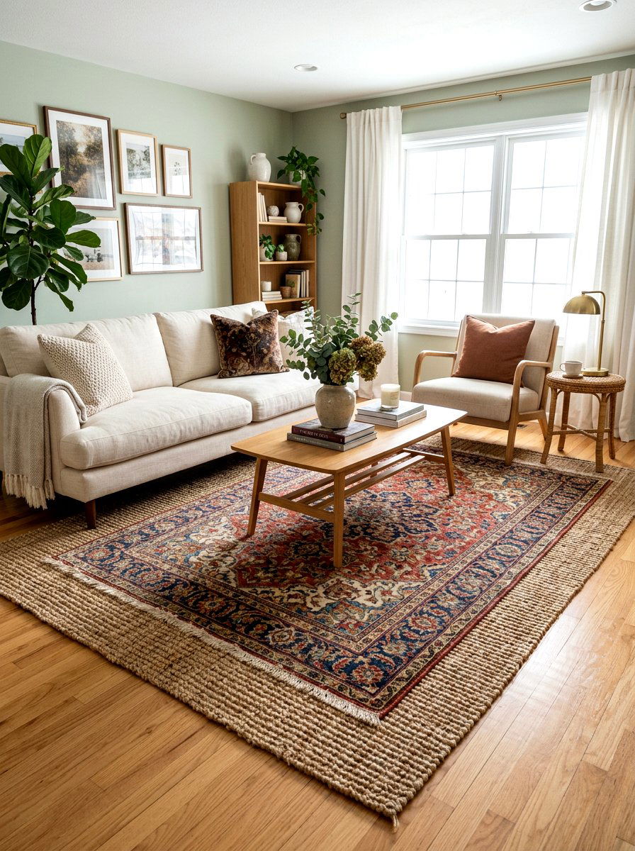 Layered Living Room Rugs - 30 rustic farmhouse living room ideas