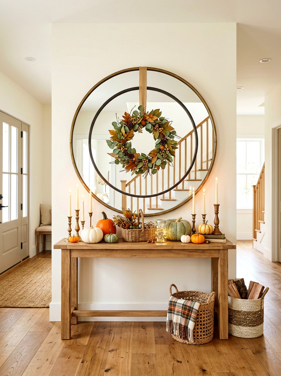 Layered Mirror Fall Entryway - 30 Thanksgiving entry table ideas