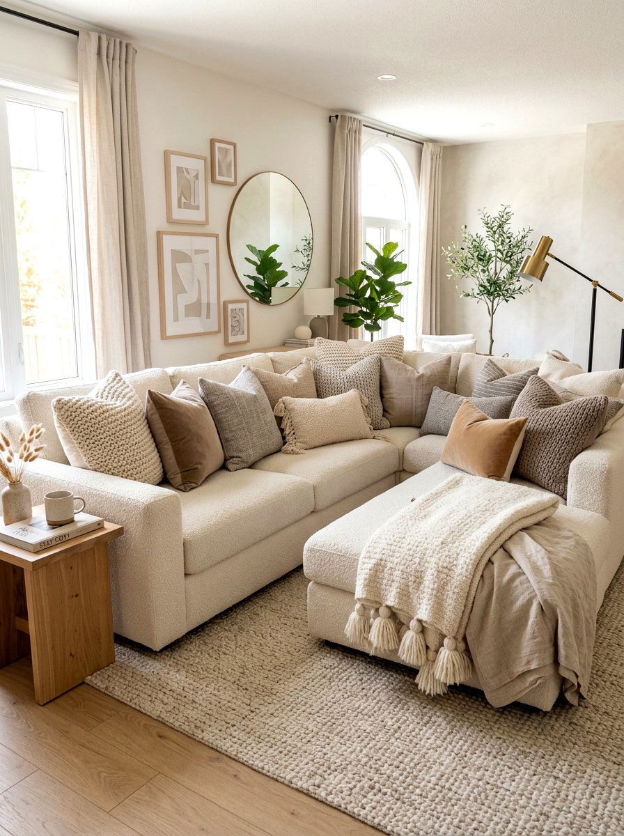 Layered Neutral Pillows - 30 California casual living room ideas