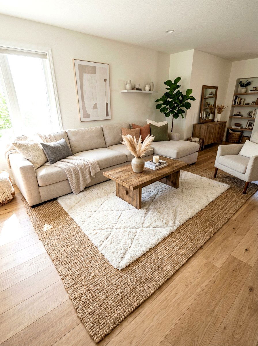 Layered Neutral Rugs - 30 neutral holiday decor ideas