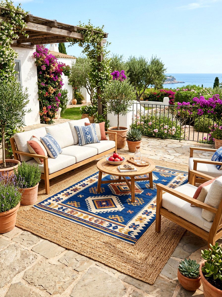 Layered Outdoor Rugs - 30 Mediterranean backyard lounge ideas