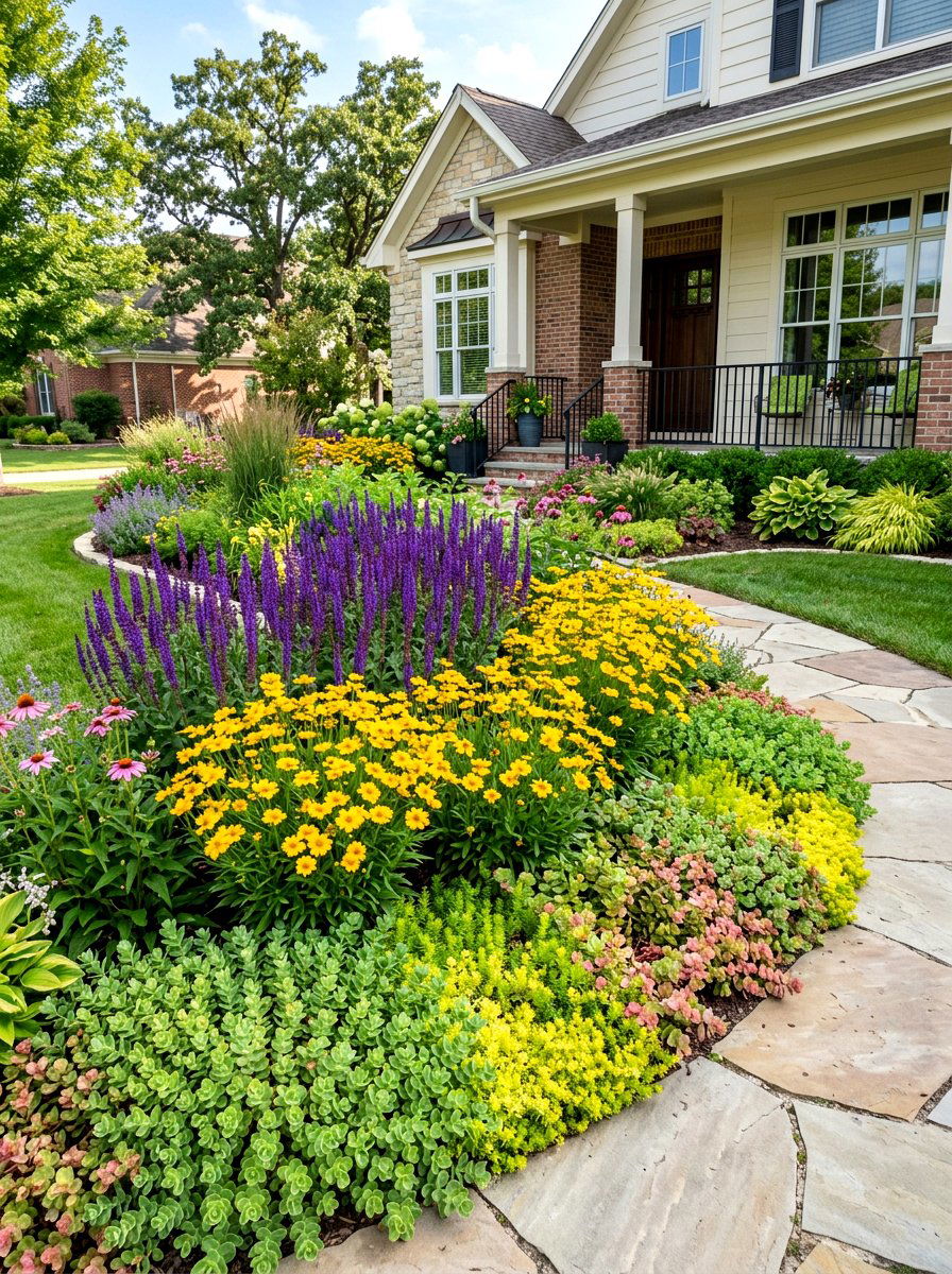 Layered Perennial Flower Bed - 30 front entry landscaping ideas