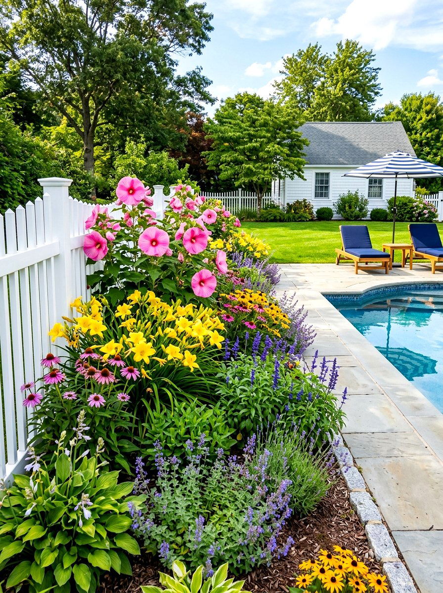 Layered Perennial Flower Bed - 30 pool fence landscaping ideas
