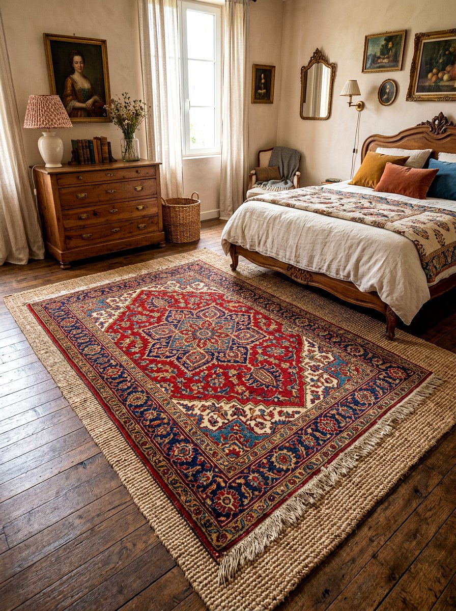 Layered Persian Rug - 30 Parisian bedroom ideas