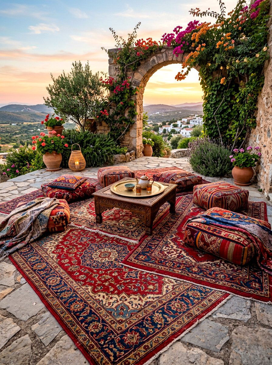Layered Persian Rugs - 30 Mediterranean patio lounge ideas
