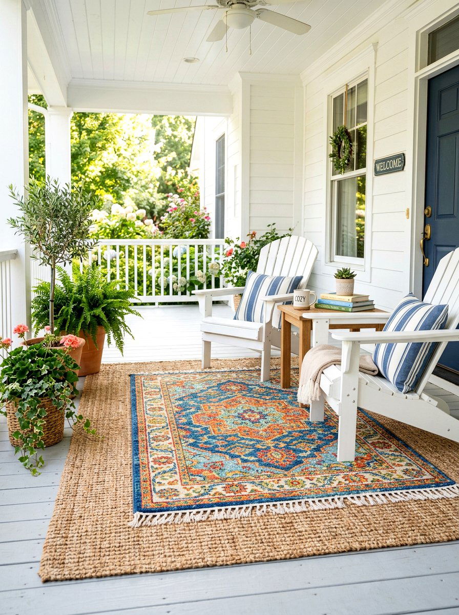 Layered Porch Rugs - 30 summer front porch ideas