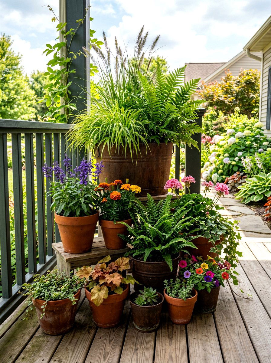 Layered Potted Plant - 30 farmhouse porch decor ideas