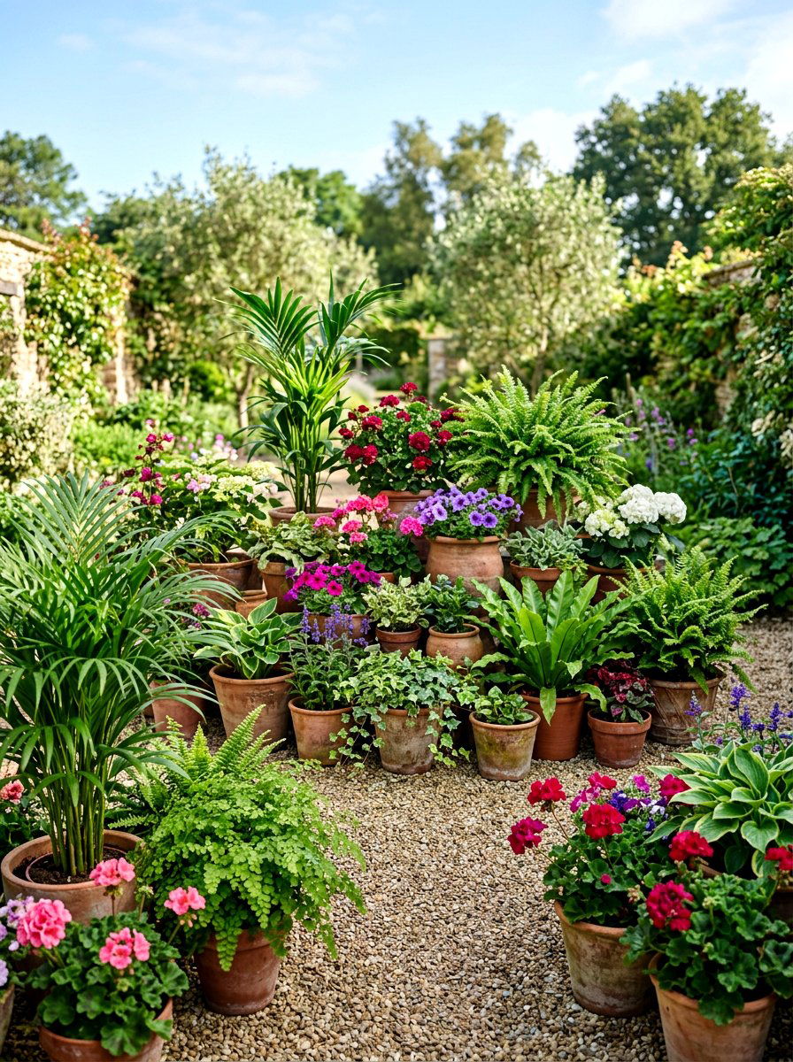 Layered Potted Plants - 30 Mediterranean exterior courtyard ideas