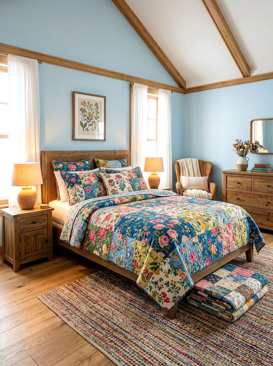 Layered Quilt Bedding - 30 cottagecore bedroom ideas