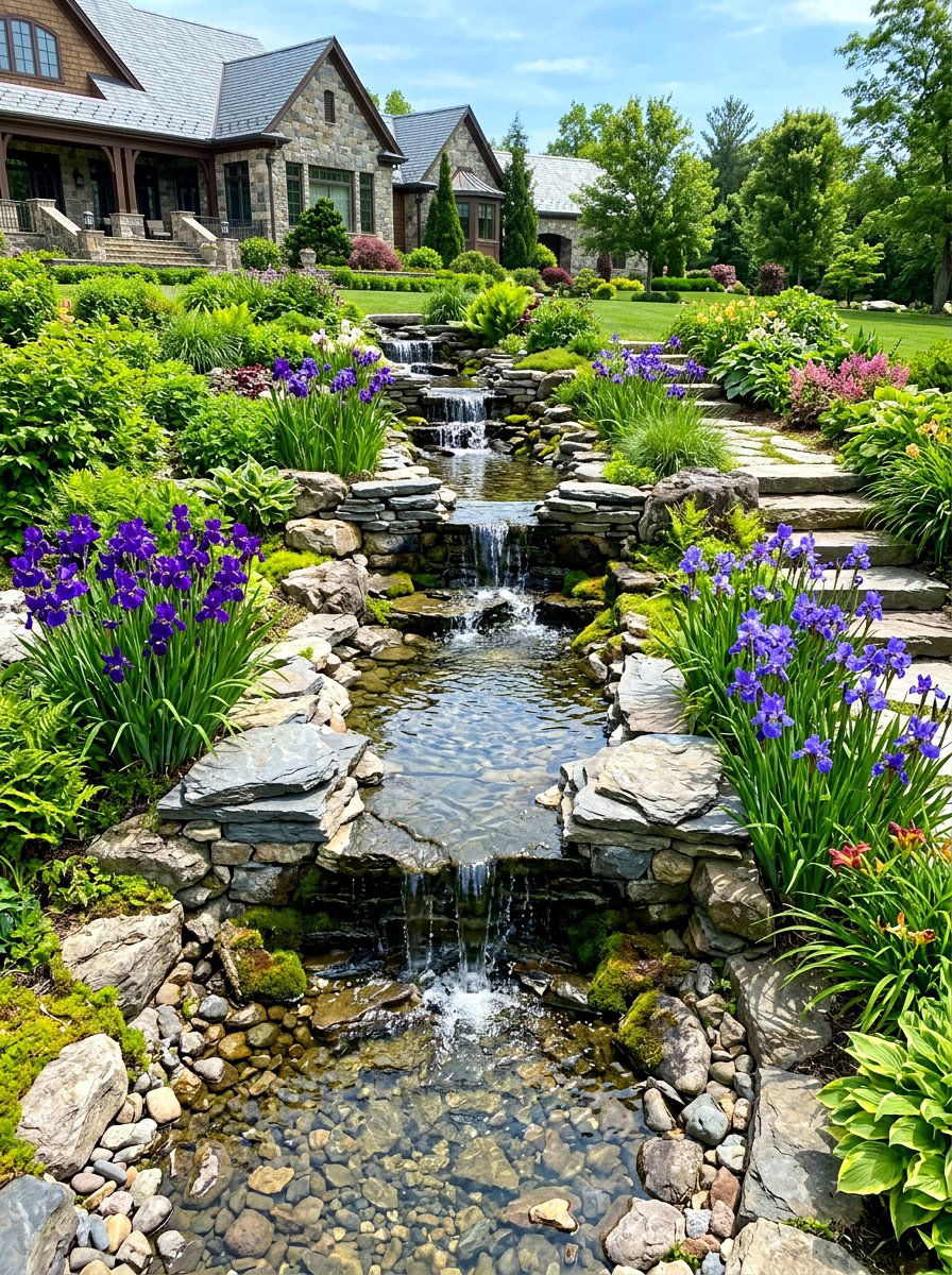 Layered Rock Swale Waterfall - 30 swale landscaping ideas