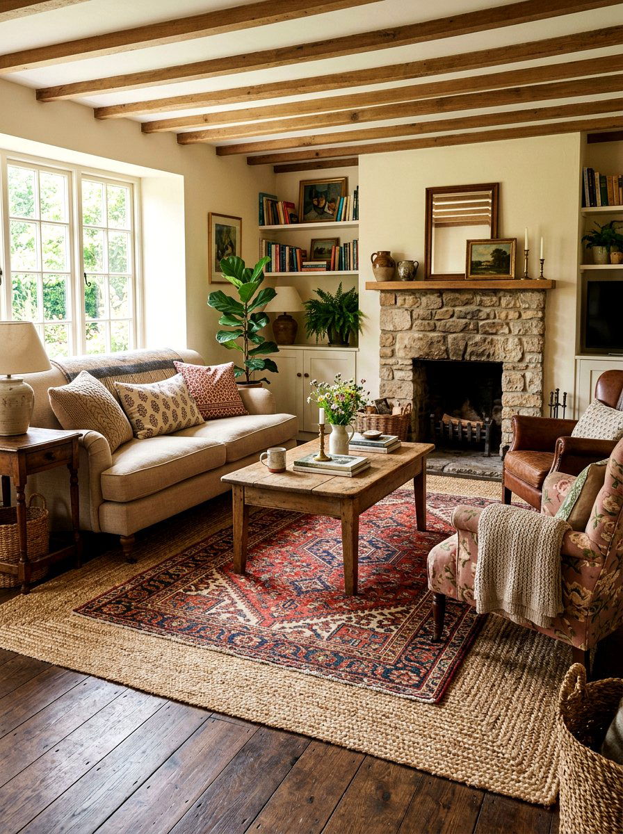 Layered Rug Decor - 30 cottage living room decor ideas