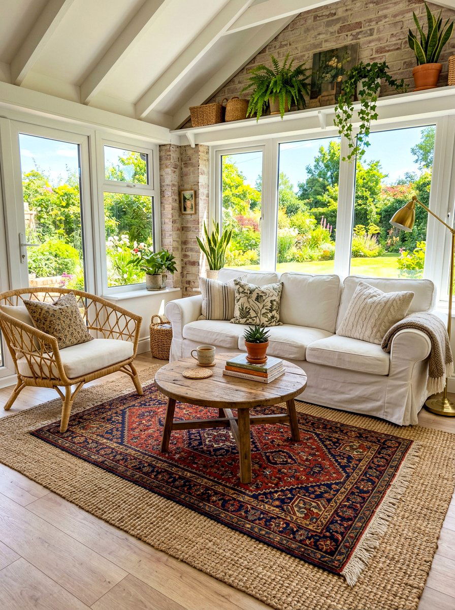Layered Rug Sunroom - 30 farmhouse sunroom ideas