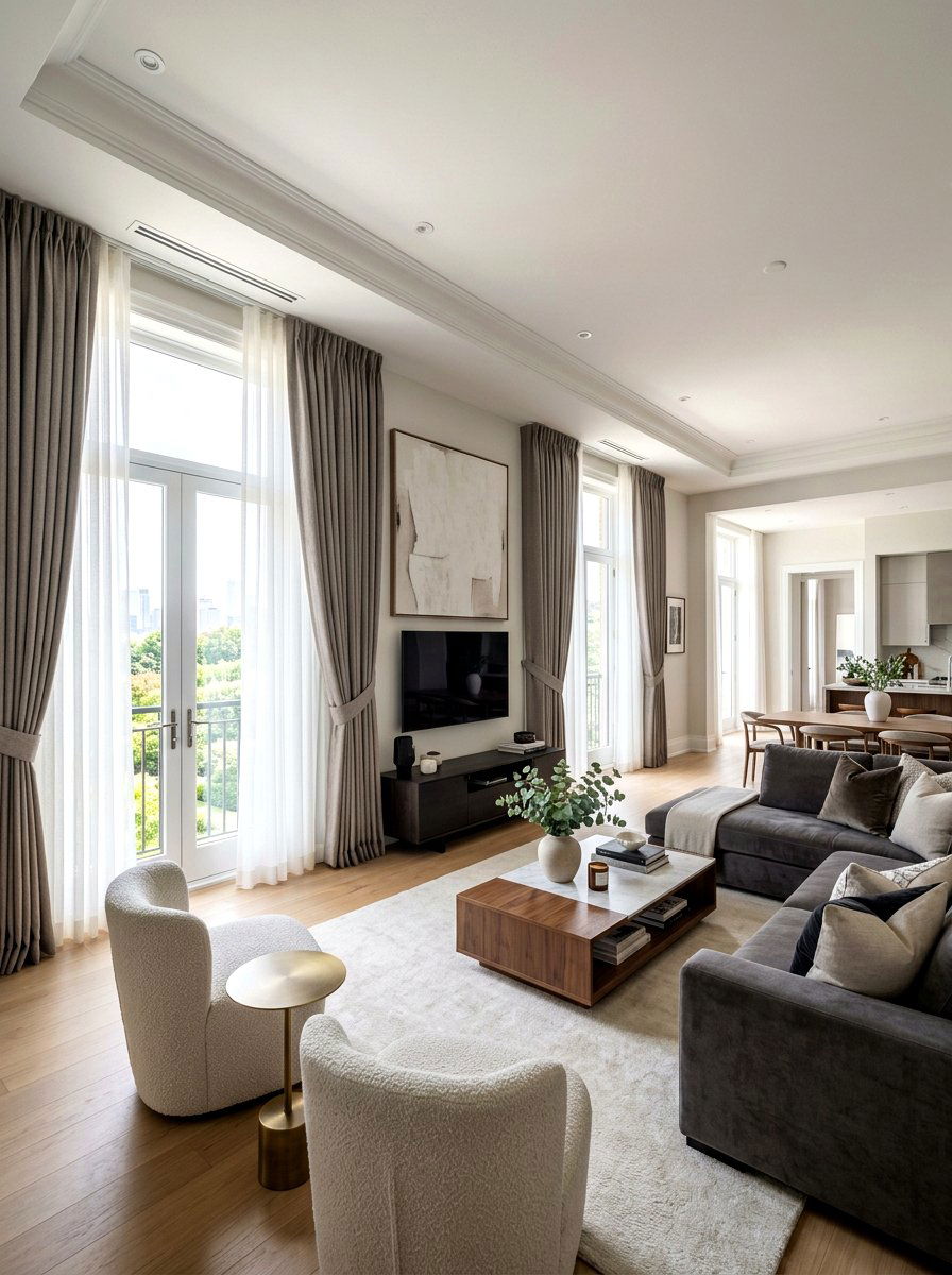 Layered Sheer Tailored Living Room - 30 tailored drapery living room ideas