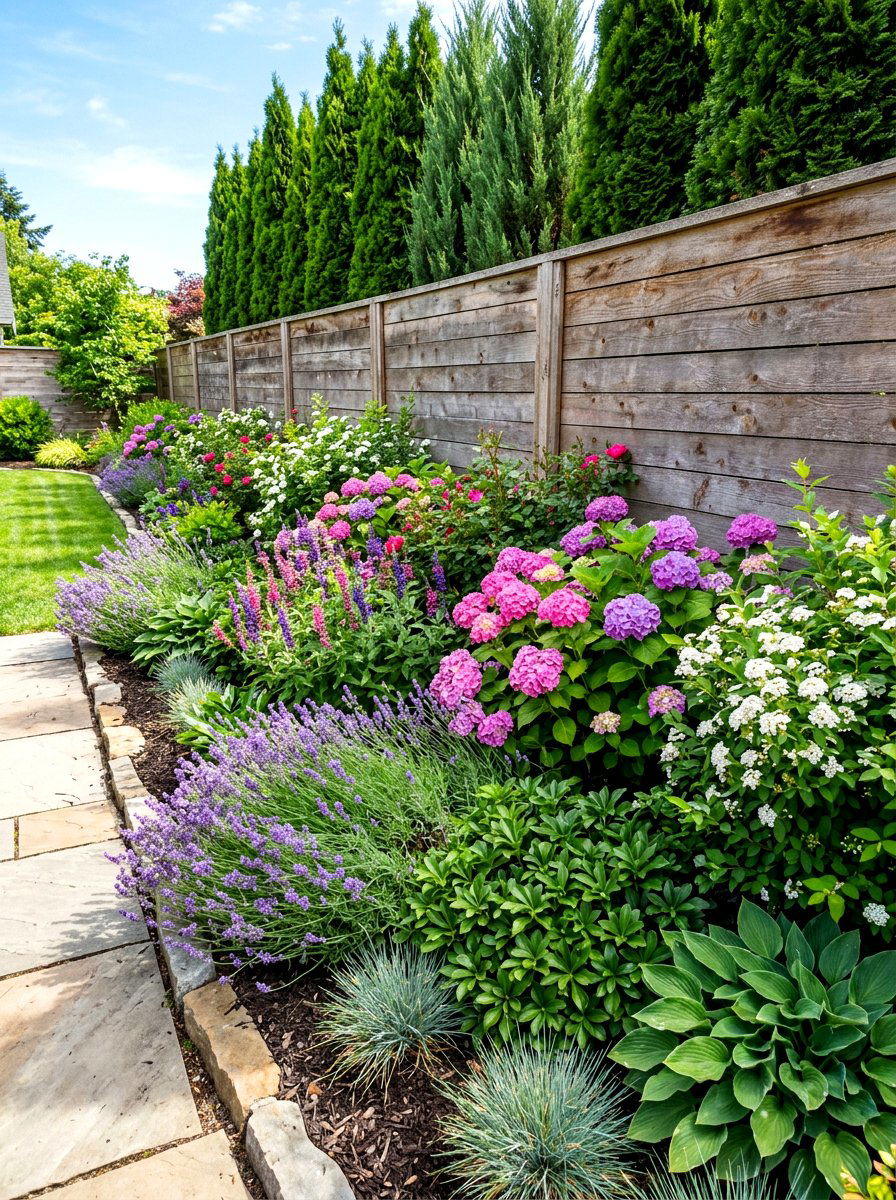 Layered Shrubbery Against Fence - 30 fence landscaping ideas