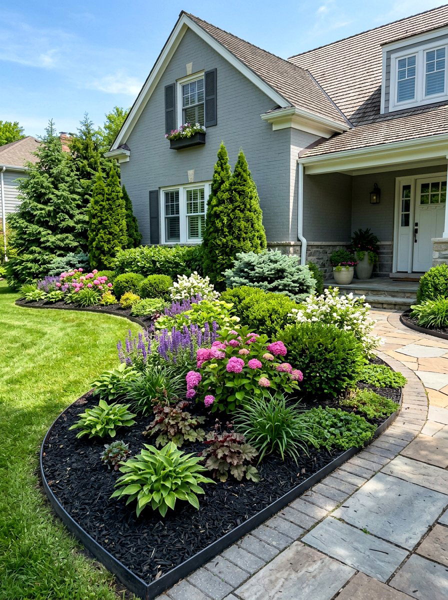Layered Shrubs and Mulch - 30 front garden ideas