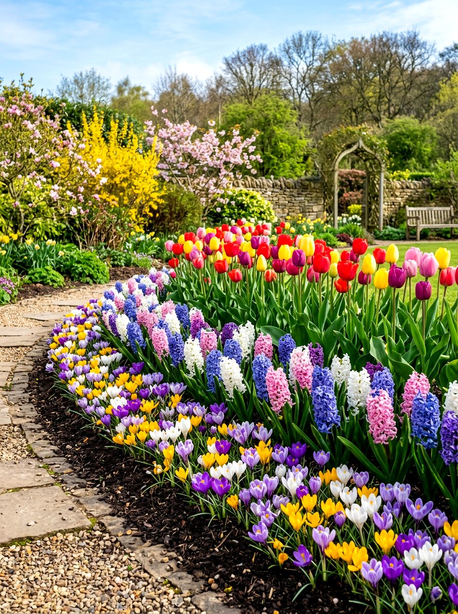 Layered Spring Bulb Garden - 30 tulip border ideas