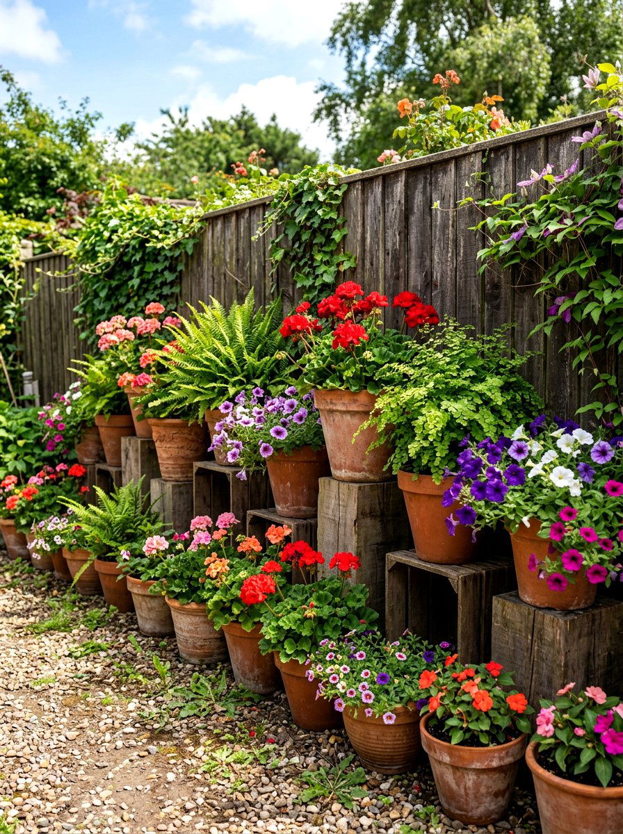 Layered Terracotta Pot Display - 30 fence line flower bed ideas