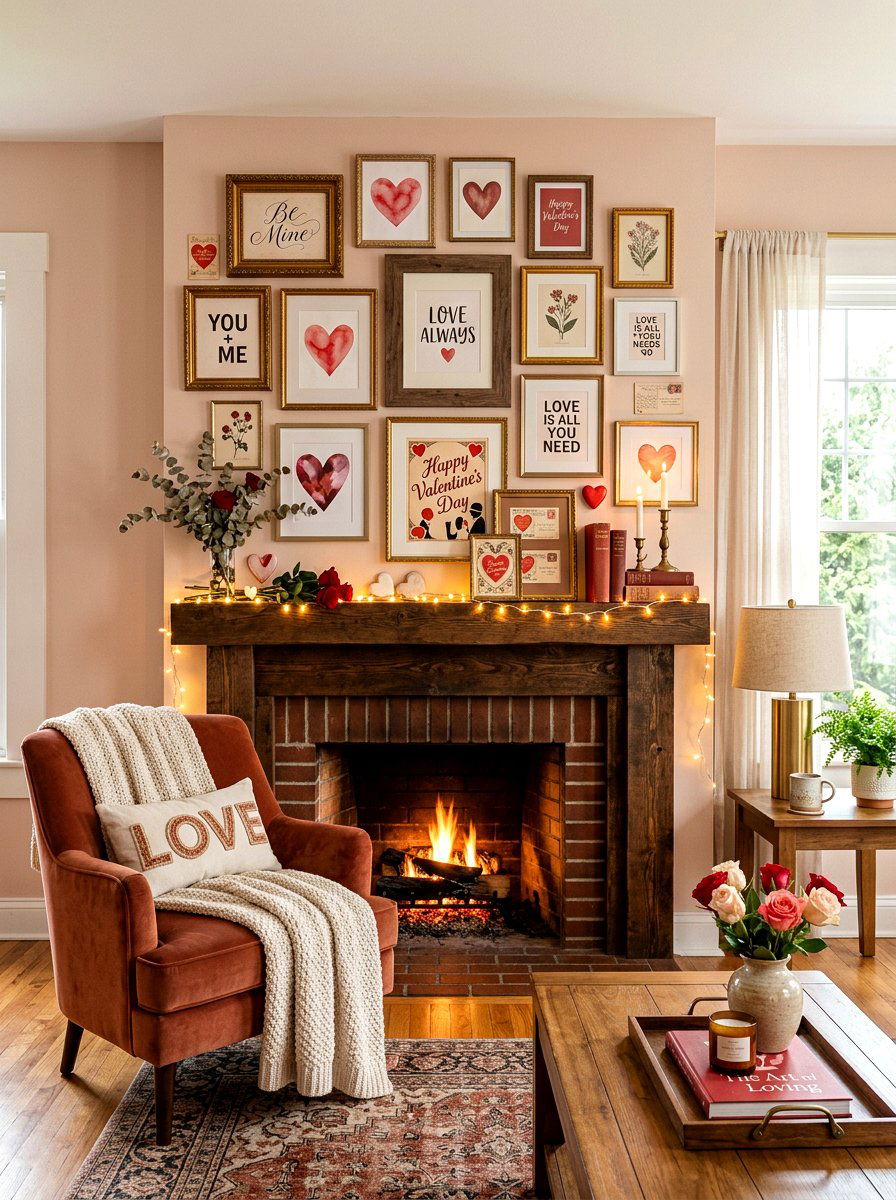 Layered Valentine Art Gallery Mantel - 30 Valentine mantel ideas